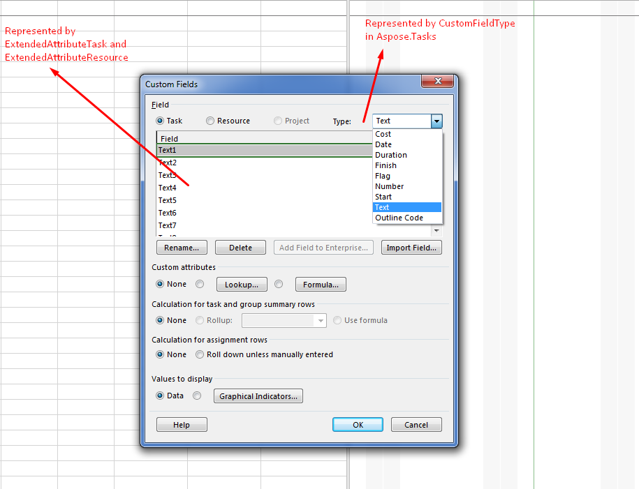 Cambiar extended attributes en Microsoft Project