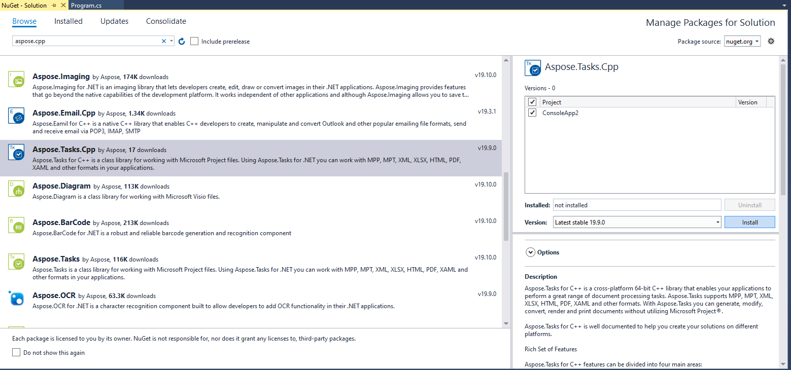 Installation Aspose.Tasks pour C ++ via NuGet Étape One