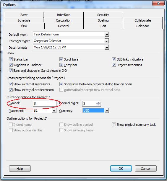Microsoft Project 2013で通貨記号を確認します