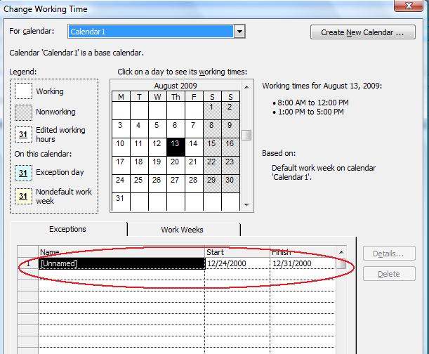 defining in calendar exceptions in weekdays Microsoft Project