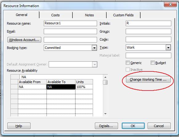 changing working times in Microsoft Project
