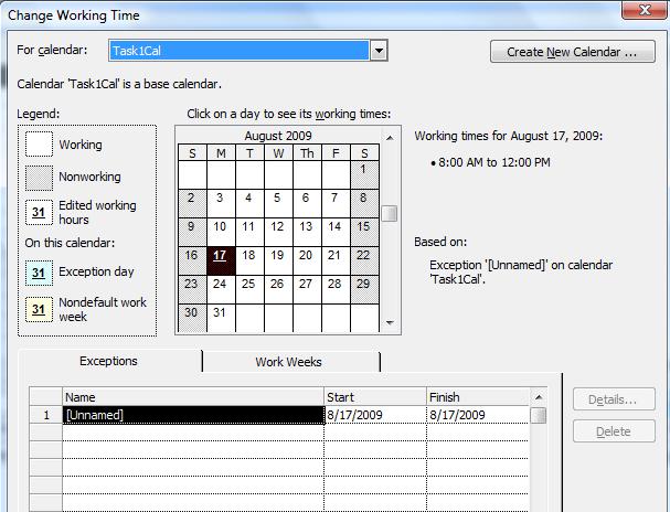 changing working time in resource calendar in Microsoft Project