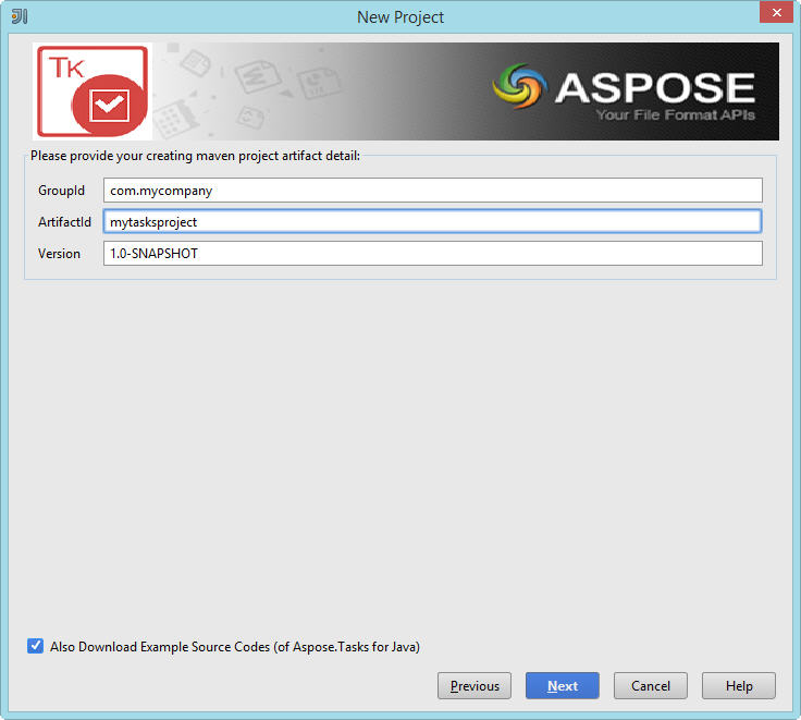 Java Maven 예제 프로젝트를위한 속성을 Aspose.Tasks 로 설정하십시오