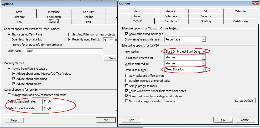 default properties of Microsoft Project file