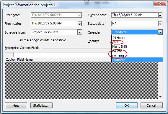 checking available calendars in Microsoft Project