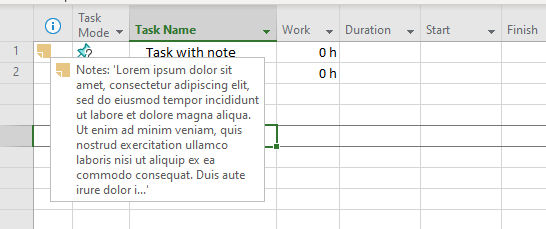 Example of task note in MS Project