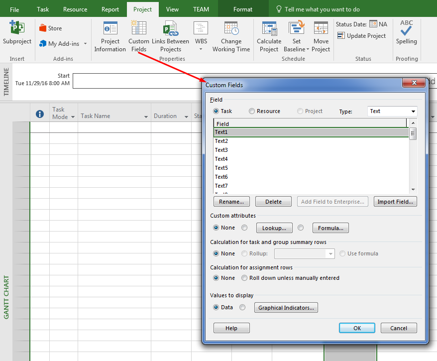 open extended attributes in Microsoft Project