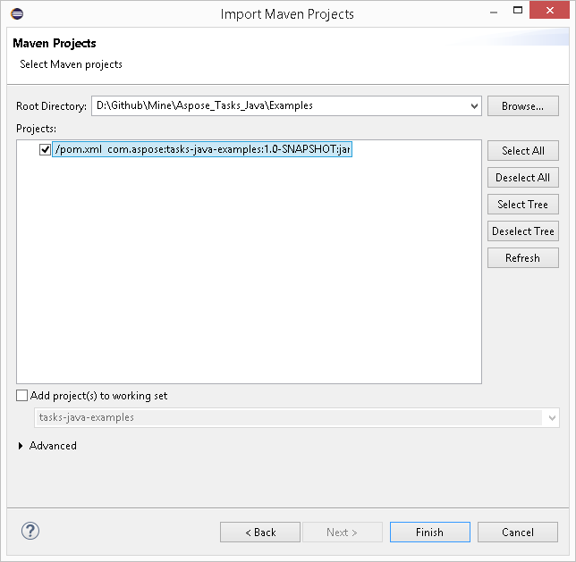 Open Aspose.Tasks для примеров Java в Eclipse