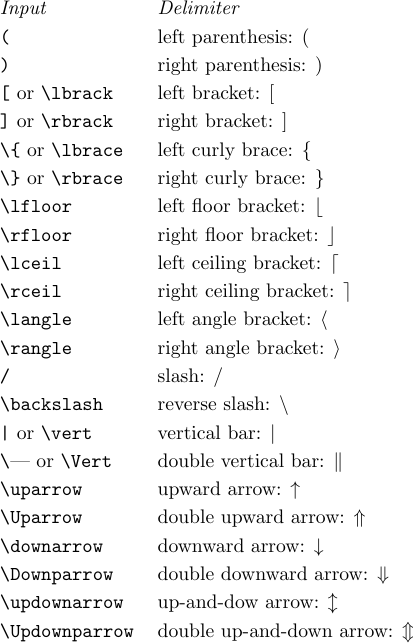 The 22 basic delimiters defined in LaTeX