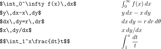 The examples of proper spacing within formulas involving calculus